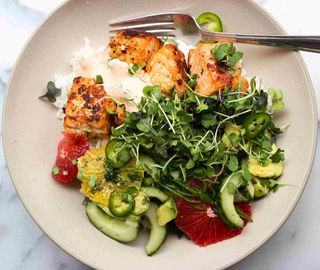 کاسه برنج سالمون کره مرکبات سیر